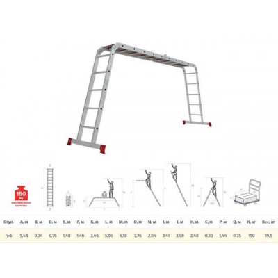 Лестница алюм. многофункц. трансформер 4х5 ступ. с настилом, 19.9кг NV233 Новая высота (Максимальная нагрузка - 150 кг) (Новая Высота)